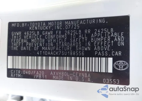 2025 Toyota Camry Le из США, поврежденный, VIN 4T1DAACK7SU188556